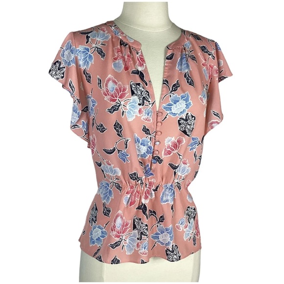 Joie Crisbell Flutter Sleeve Button Front Floral Blouse Persimmon Peach, Small - Picture 1 of 8